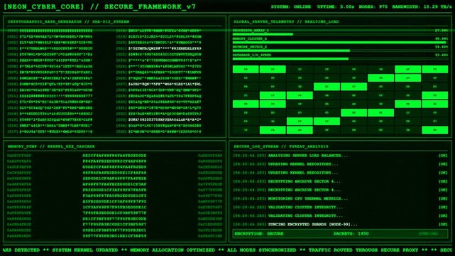 Futuristic Cyber Security Code Terminal Screen Matrix HUD Interface Dashboard.