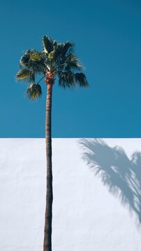 A tall palm tree casts a dramatic shadow on a pure white wall beneath a vibrant blue sky. Minimalist Mediterranean summer vibe with bold sunlight and sharp contrasts.