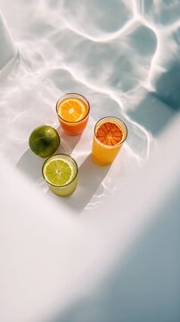 Refreshing citrus drinks and fruit atop a yacht swim platform with clear rippling water below. Minimal luxury, Mediterranean travel, and bright summer vibes shine through.