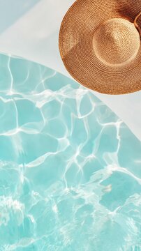 A straw hat rests beside a turquoise pool with shimmering water reflections. Serene, minimal composition evokes a luxury summer vacation mood and soft relaxation.