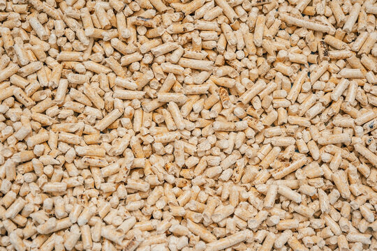 soft focus, Wood pellets are stacked together in  large pile at  storage site during daylight hours. soft focus.  pellets made from compressed wood fibers. biomass is used as fuel