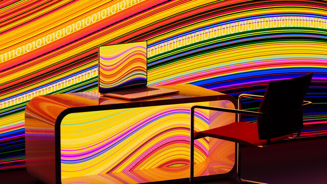Colorful digital workspace with technology and data present
