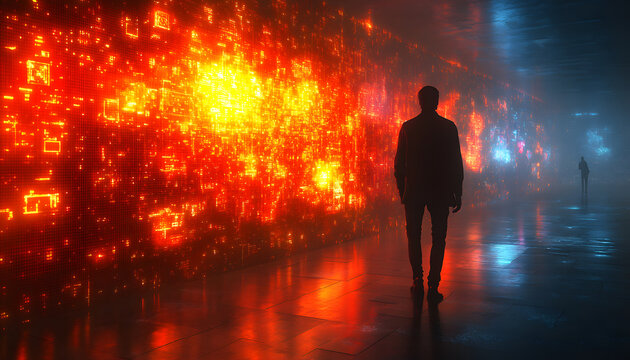 Man Standing Near a Powerful Fire with Dramatic Flames and Warm Atmospheric Light