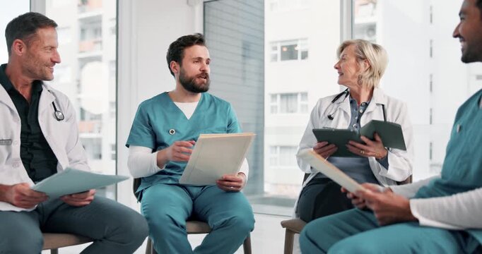 Nurse, meeting and doctors in office with document, patient charts and planning for treatment. People, team and talk in hospital with paperwork, medical records and case study for healthcare services