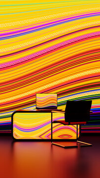Colorful digital workspace with technology and data present