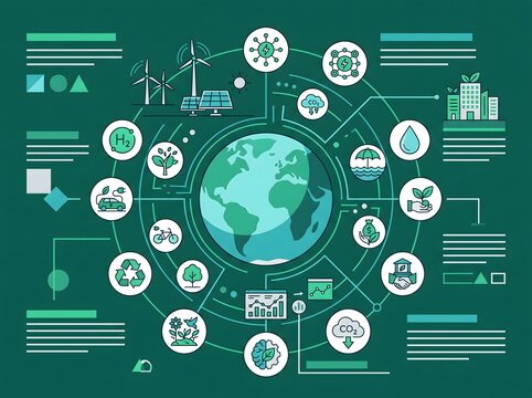 Sustainability and green energy infographic with earth globe, renewable power sources, ecofriendly technology and environment