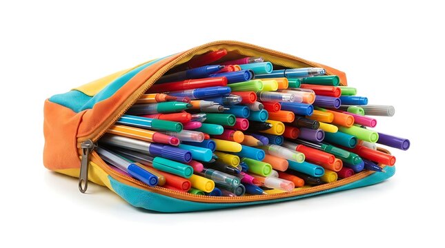 Colorfu l assortment of writing utensils overflowing from a pencil case