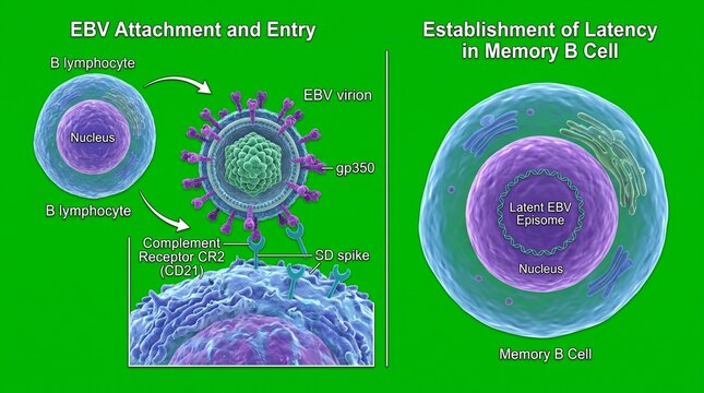 EBV virus binding to B cell. Epstein-Barr virus infection and latency mechanism diagram.