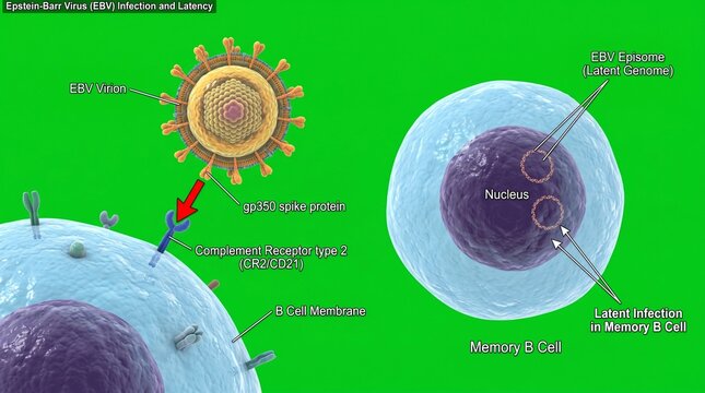 EBV virus binding to B cell receptor. Epstein-Barr virus infection mechanism diagram.