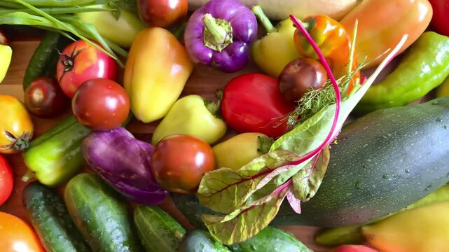 Colorful assortment of fresh organic vegetables including heirloom tomatoes, bell peppers, cucumbers, zucchini, and chard displayed on a wooden surface.