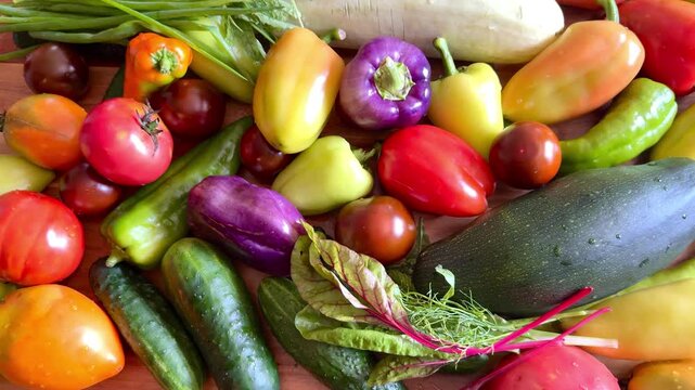 Colorful fresh garden vegetables spread on wooden table including tomatoes, peppers, cucumbers, eggplant, and zucchini. A bountiful summer harvest.