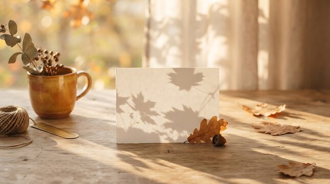 Cozy autumn scene with greeting card and fall leaves on wooden table
