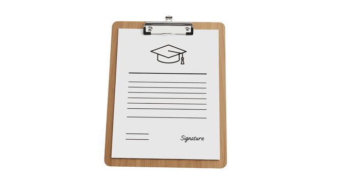 Vector illustration of graduation diploma or certificate on a wooden clipboard on a transparent background