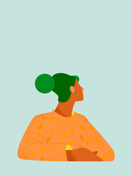 Woman with green hair looking up dreaming