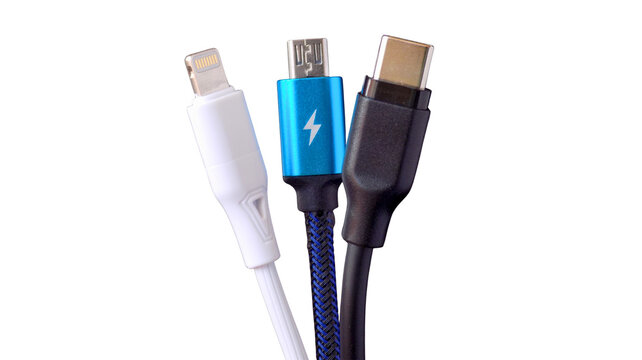 Variety of smartphone charging cables with different connectors including lightning micro usb usb-c charging connection connector smartphone lightning electronics technology accessory