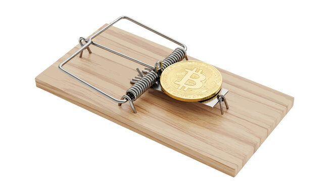 Vector illustration of bitcoin coin placed on a wooden mousetrap on a transparent background
