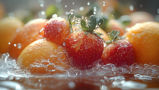 Fresh Colorful Fruit Submerged in Clear Water with Bubbles and Vibrant Natural Colors
