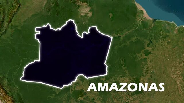 Amazonas State Map Animation Featuring Smooth Border Highlight, Geographic Region Reveal, Modern Cartography, Motion Graphics, Location Visualization Sequence