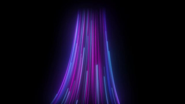 Air conditioner blowing cool blue air animation, freezing wind flow effect, abstract neon light streaks, directional optical fiber breeze waves, black background cooling process motion overlay, 4k