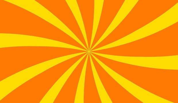 Abstract sunburst yellow and orange radial twisted sunrays background for modern designs, banners, poster, advertisement, presentations and social media post. Rotating sunbeam flat style backdrop.