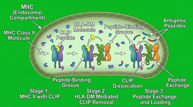 MHC class II antigen processing diagram. Cellular mechanism of peptide loading and exchange.