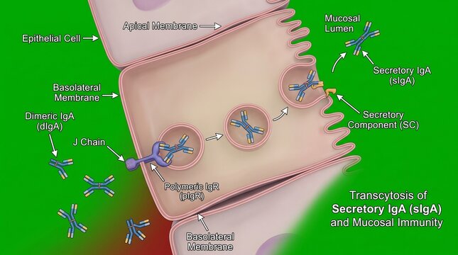Mucosal IgA transcytosis diagram. Scientific illustration of secretory antibody transport.