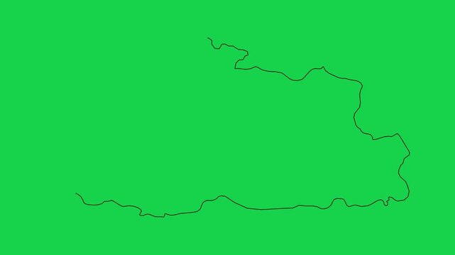 Bhutan map animation, self-drawing outline on green screen, geographic borders reveal motion.