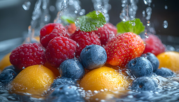 Fresh Blackberries and Raspberries with Water Drops, Colorful Berries and Natural Food Photography 