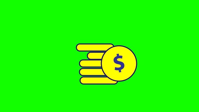 A flat 2D vector animation set against a solid bright green background, featuring a stack of yellow coins next to a prominent front coin displaying a dark blue dollar sign