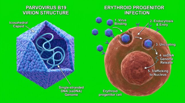 Parvovirus B19 virion structure and infection. Medical illustration of erythroid cell entry.