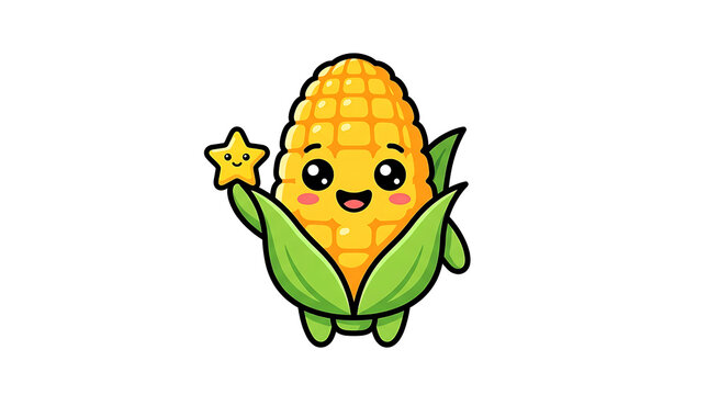 Kawaii corn character holding a star. Cute vegetable mascot with a happy smiling face.