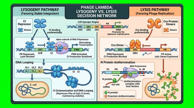 Phage lambda lysogeny vs lysis diagram. Viral genetic decision network scientific chart.