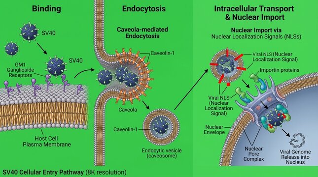 Polyomavirus cell entry pathway diagram. Viral endocytosis and nuclear import mechanism.