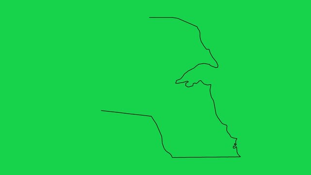 Continuous black line animation of kuwait map outline appearing on green screen background.