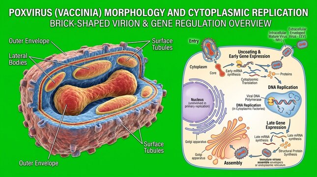 Poxvirus vaccinia morphology and replication. Scientific diagram of viral gene regulation.