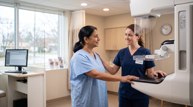 Radiologist Consults Patient: A compassionate radiologist kindly explains a mammogram procedure to a reassuring patient in a modern medical clinic. Conveying trust and care during health screening.