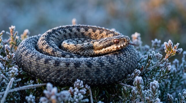 adder (vipera berus) coiled on frost-covered heather