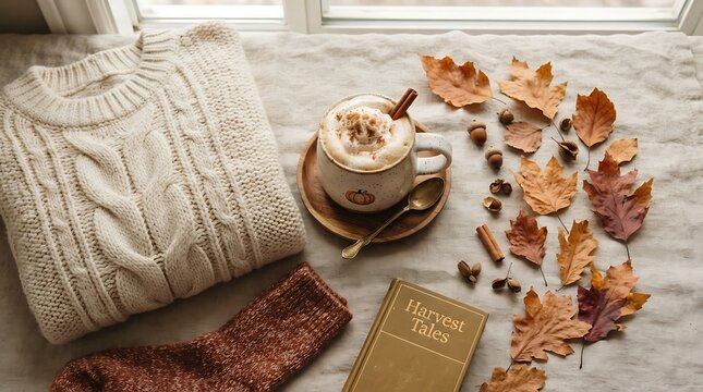 Cozy autumn scene with warm drink and knitted sweater by window