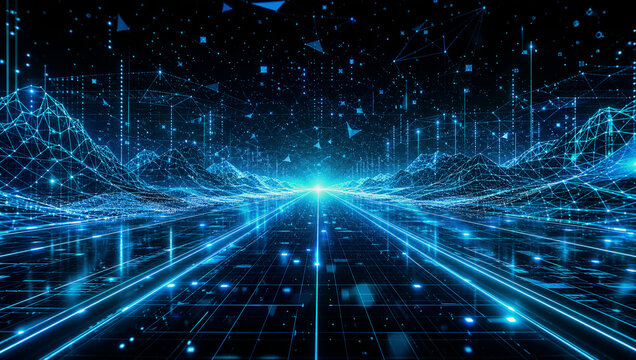 Digital cyberspace landscape with glowing blue wireframe mountains, data grid floor, and floating geometric particles in dark space