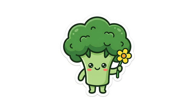 Kawaii broccoli character holding a flower. Cute vegetable mascot with happy expression.