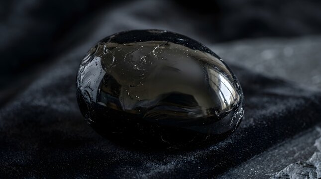 Polished obsidian stone featuring a smooth reflective surface with dark glossy textures captured in sharp macro detail under bright lighting
