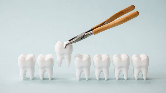 Pliers holding a white tooth model. Dental care concept for oral hygiene and treatment.