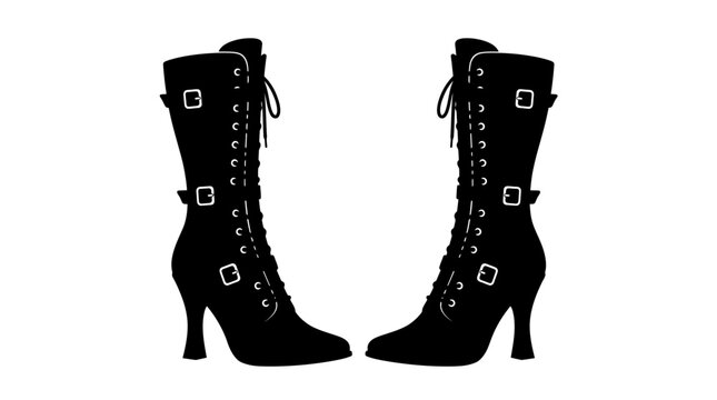 Helloween Punk boots, metal stud high heels, black silhouette, edgy silhouette, women's tall footwear, gothic style vector art, detailed lace-up boot illustration vector