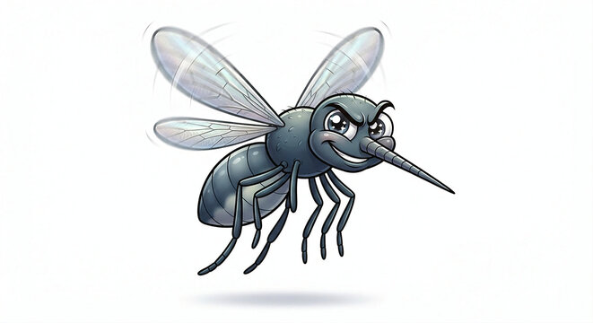 An evil mosquito cartoon character flying with a cunning smirk expression and detailed transparent wings.