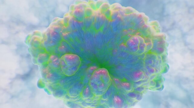 Iridescent pastel cloud orb suspended over soft cloudy sky with diffuse rim highlights, translucent edges, gentle glow, dreamy depth, and whimsical abstract atmosphere