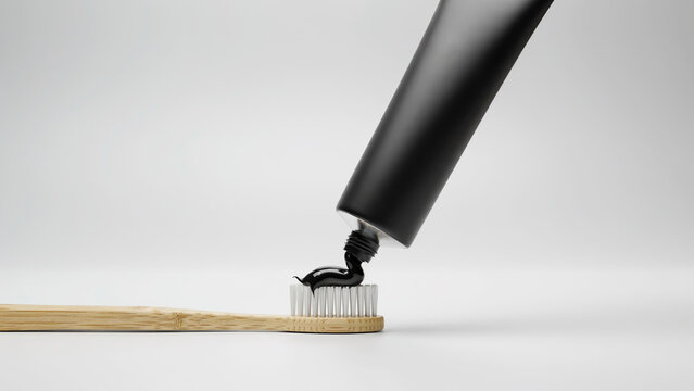 Black charcoal toothpaste on bamboo toothbrush. Organic dental care product on white background.