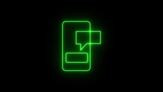 Glowing neon green icon of a smartphone with a speech bubble notification coming out of it. Animated mobile messaging, text chat or smartphone notification overlay on a black background.