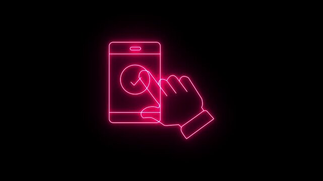 neon pink icon of a hand tapping a circular checkmark button on a smartphone screen. Animated mobile touchscreen interaction, task approval, or option selection on a black background.