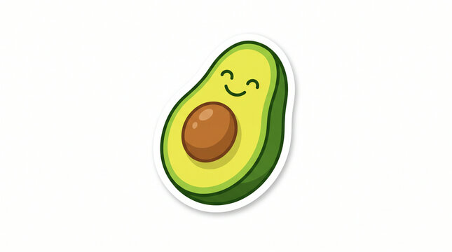 Cute happy avocado half with pit and smiling face printed as sticker with white border on white background
