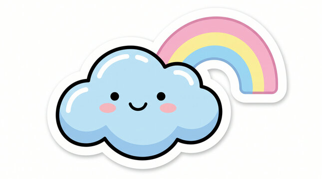 Cute happy cloud character with pastel rainbow printed as sticker with white border on white background